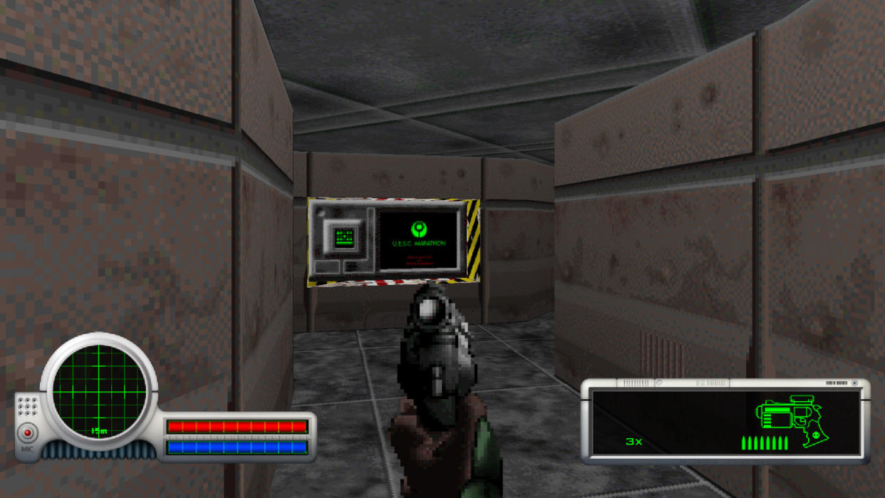  The player character points their magnum down a hallway in Classic Marathon. 