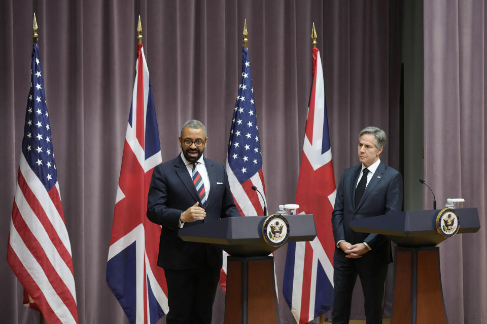 British Foreign Secretary James Cleverly speaks alongside Secretary of State Antony Blinken during a joint press conference, Tuesday, May 9, 2023, at the U.S. State Department in Washington. (AP Photo/Patrick Semansky)