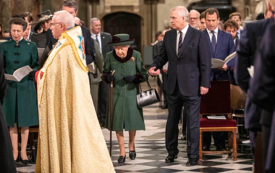 Queen Elizabeth II and the Duke of York arrive at a Service of Thanksgiving for the life of the Duke of Edinburgh, at Westminster Abbey in London. (PA)