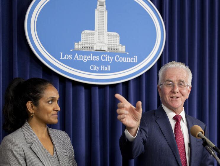 Los Angeles, CA - November 29: Los Angeles City Council President Paul Krekorian, right, and Councilmember Nithya Raman, left, talk about an upcoming vote to send an independent redistricting proposal to the November 2024 ballot during a press conference on Wednesday, Nov. 29, 2023 in Los Angeles, CA. (Brian van der Brug / Los Angeles Times)