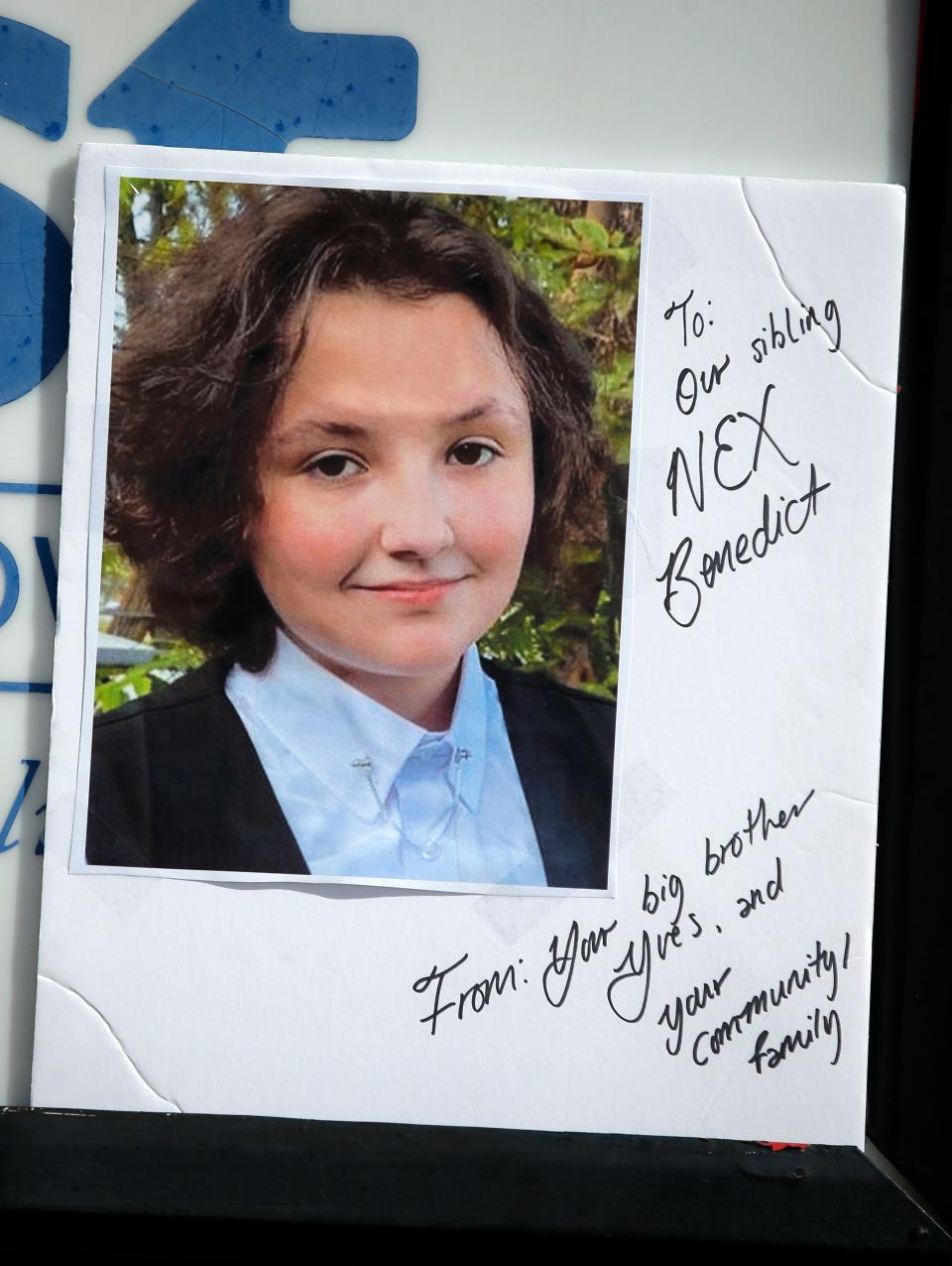 A memorial for Nex Benedict is pictured at Owasso High School on Feb. 26. Students and community members gathered for a peaceful demonstration in honor of Nex Benedict, calling on school and state officials to better protect LGBTQ+ students.