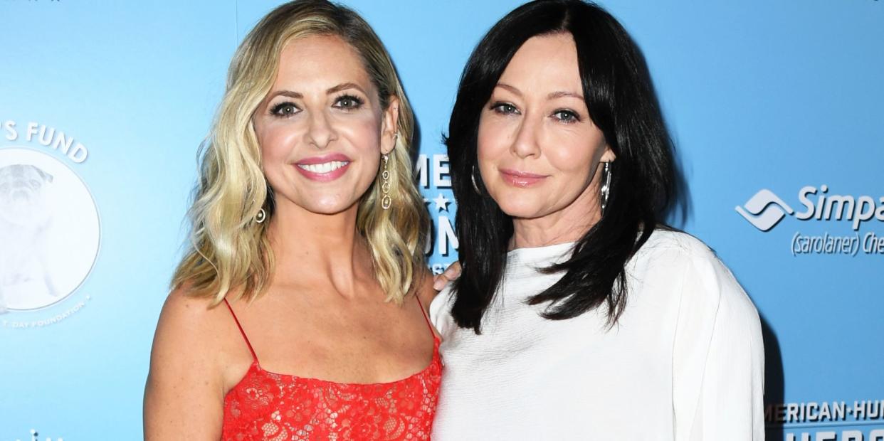 sarah michelle gellar, shannen doherty togethe ron the red carpet at the humane hero dog awards 2019