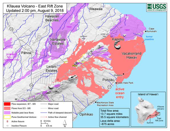 The salmon-colored areas show lava flows over the Big Island since May 3, 2018.