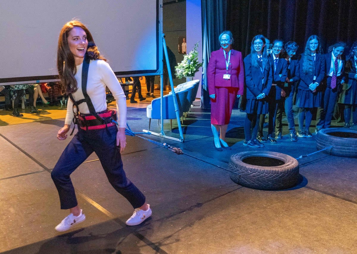 The Princess of Wales tries part of the resistance training used by Captain Preet Chandi during her solo expedition across Antarctica (POOL/AFP via Getty Images)