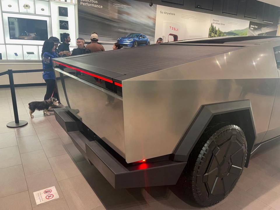 The back of a Tesla Cybertruck at the company's Santana Row showroom in San Jose on December 9, 2023.