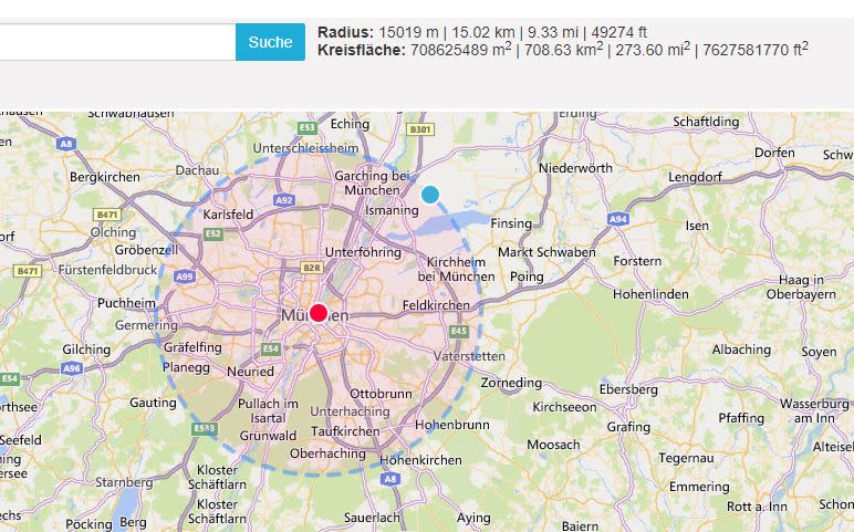 Mit dem Tool Calcmap lässt sich der Radius um einen bestimmten Ort festlegen.