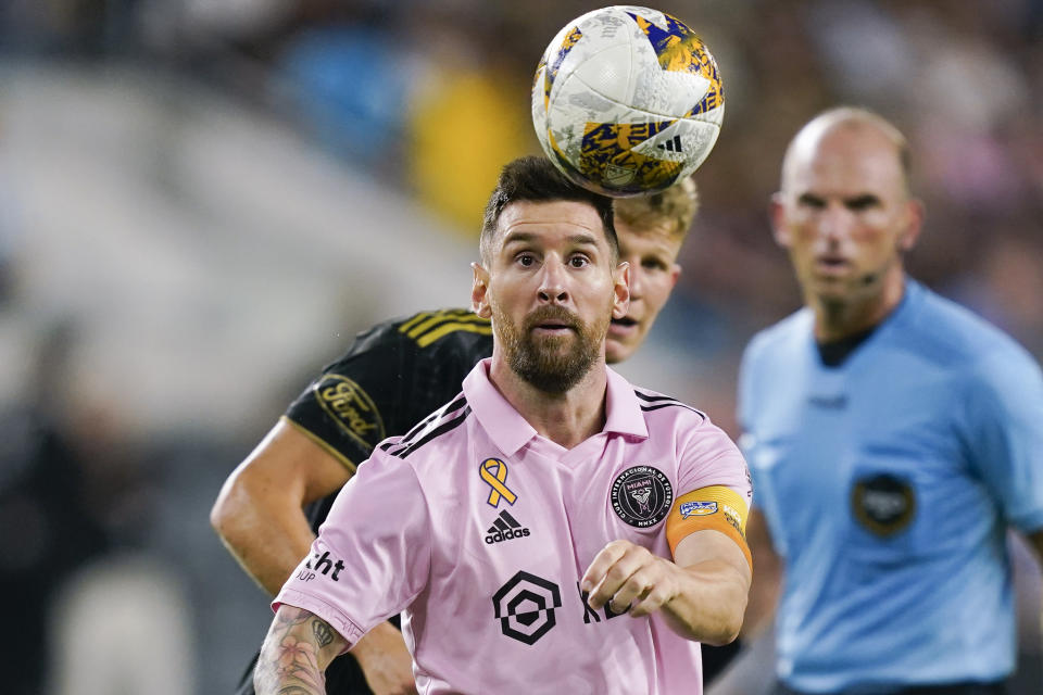 Inter Miami forward Lionel Messi watches after heading the ball during the second half of an MLS soccer match against Los Angeles FC, Sunday, Sept. 3, 2023, in Los Angeles. (AP Photo/Ryan Sun)