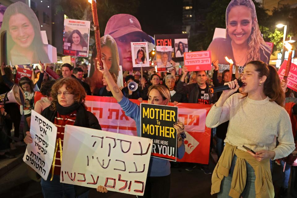 Israeli protesters in Tel Aviv on March 14, 2024, demand the release of hostages held in Gaza by Hamas militants.