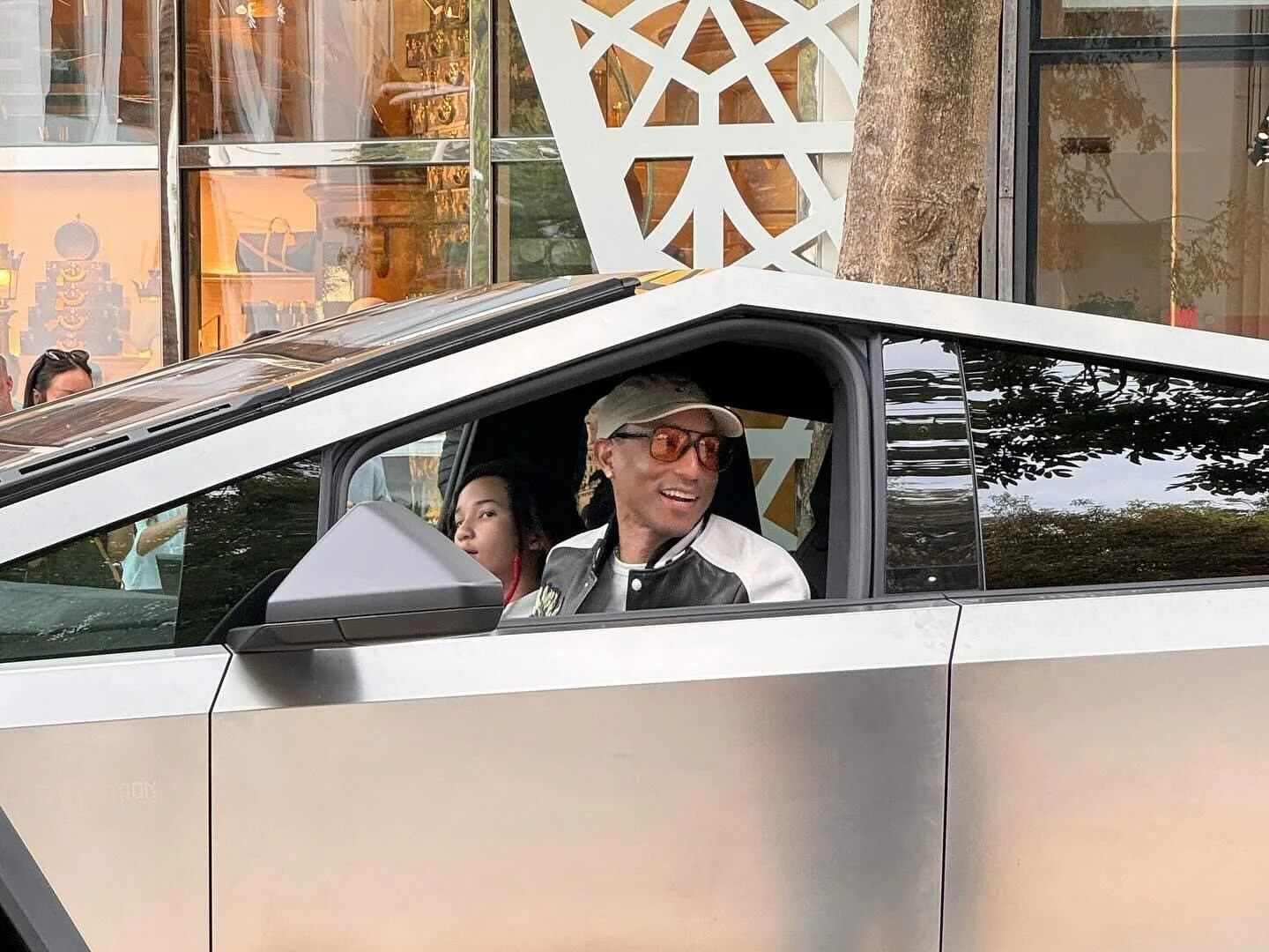 Pharrell inside a Cybertruck