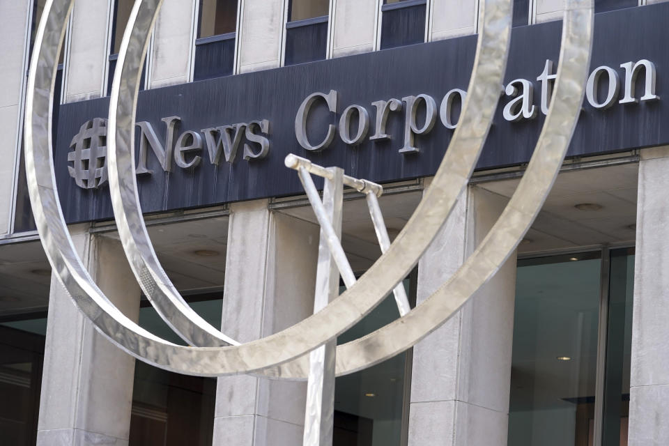 The News Corporation logo sits on the facade the News Corp. Building and Fox News Headquarters, Wednesday, April 19, 2023, in New York. Fox News’ nearly $800 million settlement of a voting machine company's defamation lawsuit marks the first milestone in a larger legal strategy designed to combat the false claims and conspiracy theories about elections that have rippled through the United States for nearly three years. (AP Photo/Mary Altaffer)