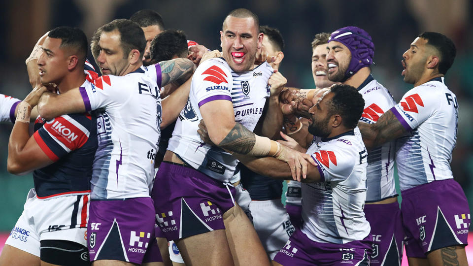 Nelson Asofa-Solomona and Siosiua Taukeiaho, pictured here during the scuffle.