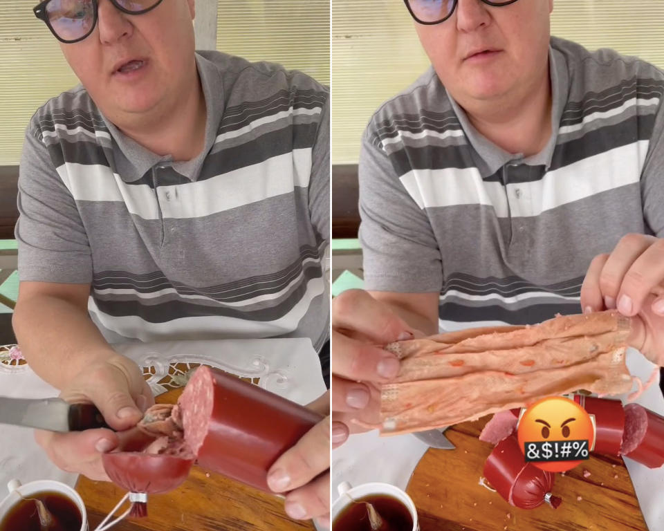 The man pulling the face mask out of the sausage. Source: Newsflash/Australscope