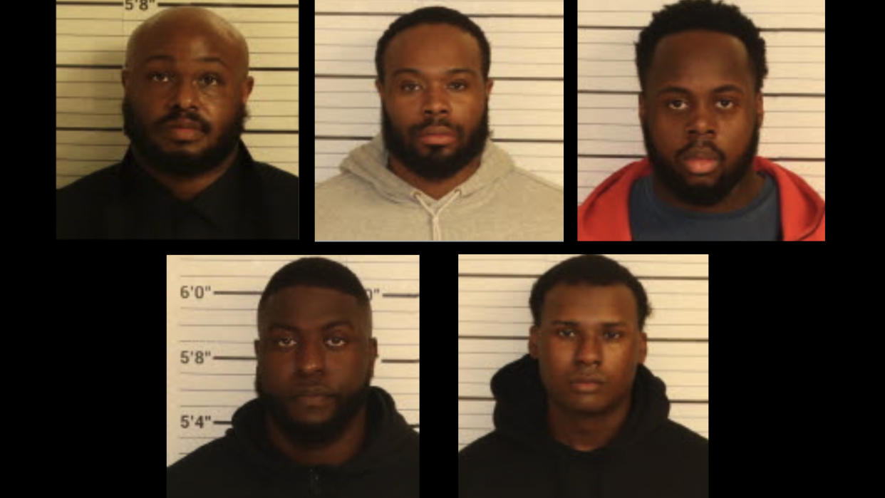 Mug shots of Desmond Mills, Jr., Demetrius Haley, Tadarrius Bean, Emmitt Martin III and Justin Smith.