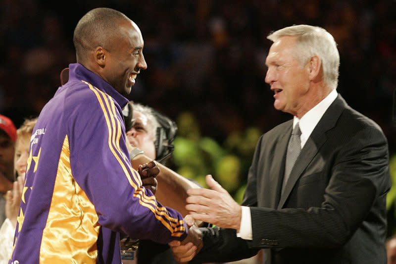 NBA legend Jerry West (R), shown with former Los Angeles Lakers star Kobe Bryant, won several championships as an executive and player. File Photo by Lori Shepler/UPI