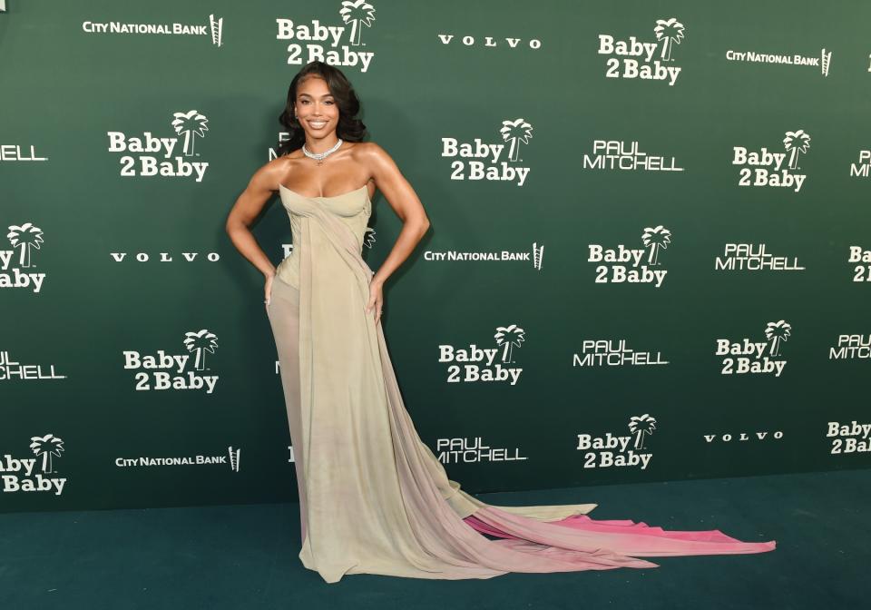 Lori Harvey, dress, sheer dress, pink dress, beige dress, heels, high heels, sandals, ankle wrap sandals, open toe heels, open toe sandals, Baby2Baby, Baby2Baby Gala, galas, celebrity red carpet, red carpet, celebrity style, charity gala, nonprofit