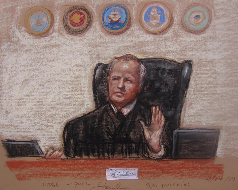 In this Pentagon-approved sketch by court artist Janet Hamlin, Judge, Army Col. James Pohl halts the Sept. 11 pretrial hearing at the Guantanamo Bay U.S. Naval Base in Cuba, Thursday April 17, 2014. An effort to prosecute the self-proclaimed mastermind of the Sept. 11 terrorist attack and four co-defendants veered off track again as a pretrial hearing ended with new obstacles that threaten to further derail the case before a military tribunal at Guantanamo Bay. (AP Photo/Janet Hamlin, Pool)