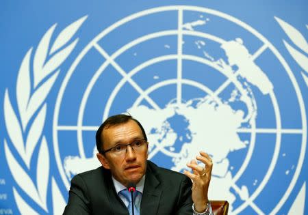 United Nations Special Advisor on Cyprus Espen Barth Eide attends a news conference one day before peace talks on divided Cyprus are to resume in Crans-Montana, in Geneva, Switzerland June 27, 2017. REUTERS/Denis Balibouse