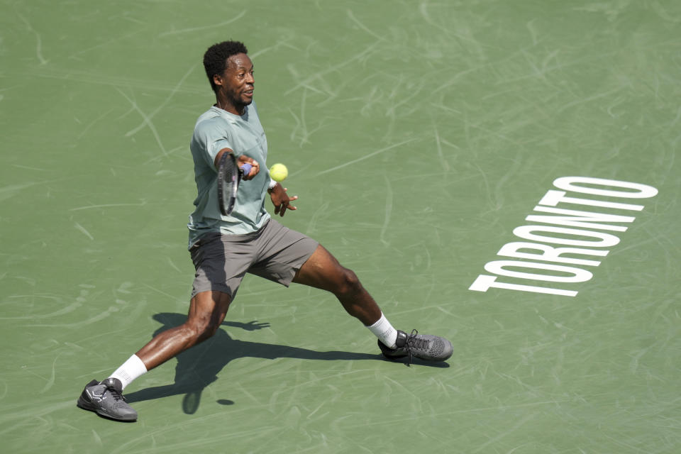 France's Gael Monfils plays a shot during his straight sets win over Greece's Stefanos Tsitsipas during the National Bank Open tennis tournament in Toronto, Wednesday, Aug. 9, 2023. (Chris Young/The Canadian Press via AP)