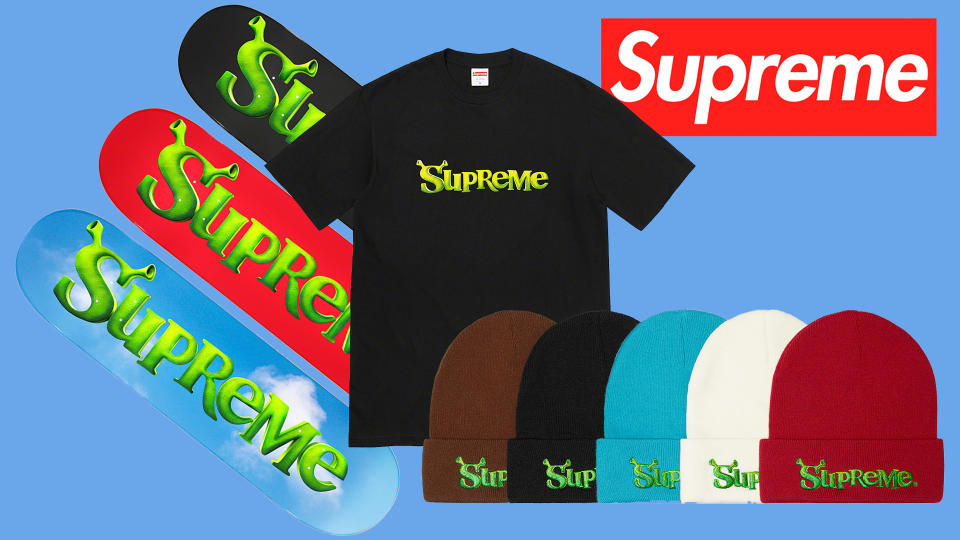 A shrek/supreme branded T-shirt, assortment of hats and assortment of skateboard decks on a light blue background