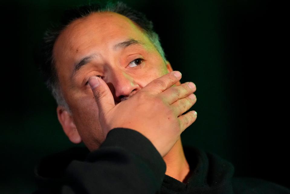 Richard Fierro speaks during a news conference outside his home on Monday. Fierro helped subdue the gunman in the shooting at Club Q in Colorado Springs, Colo.