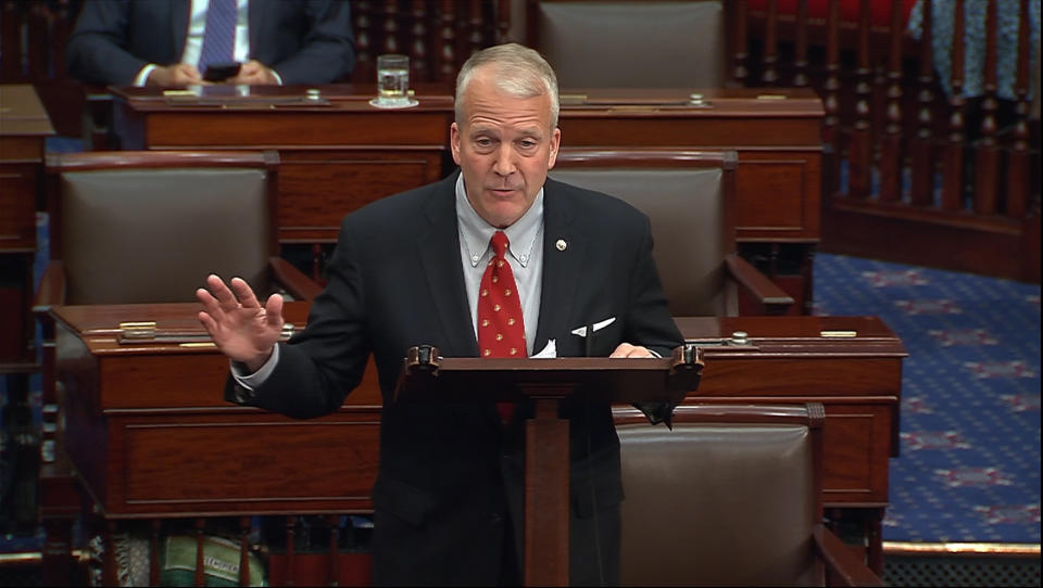 This image from Senate Television video shows Sen. Dan Sullivan, R-Alaska, speaking on the Senate floor Wednesday, Nov. 1, 2023. Republican senators angrily challenged Sen. Tommy Tuberville on his blockade of almost 400 military officers Wednesday evening, taking over the Senate floor for hours to call for individual confirmation votes after a monthslong stalemate on the issue. (Senate Television via AP)