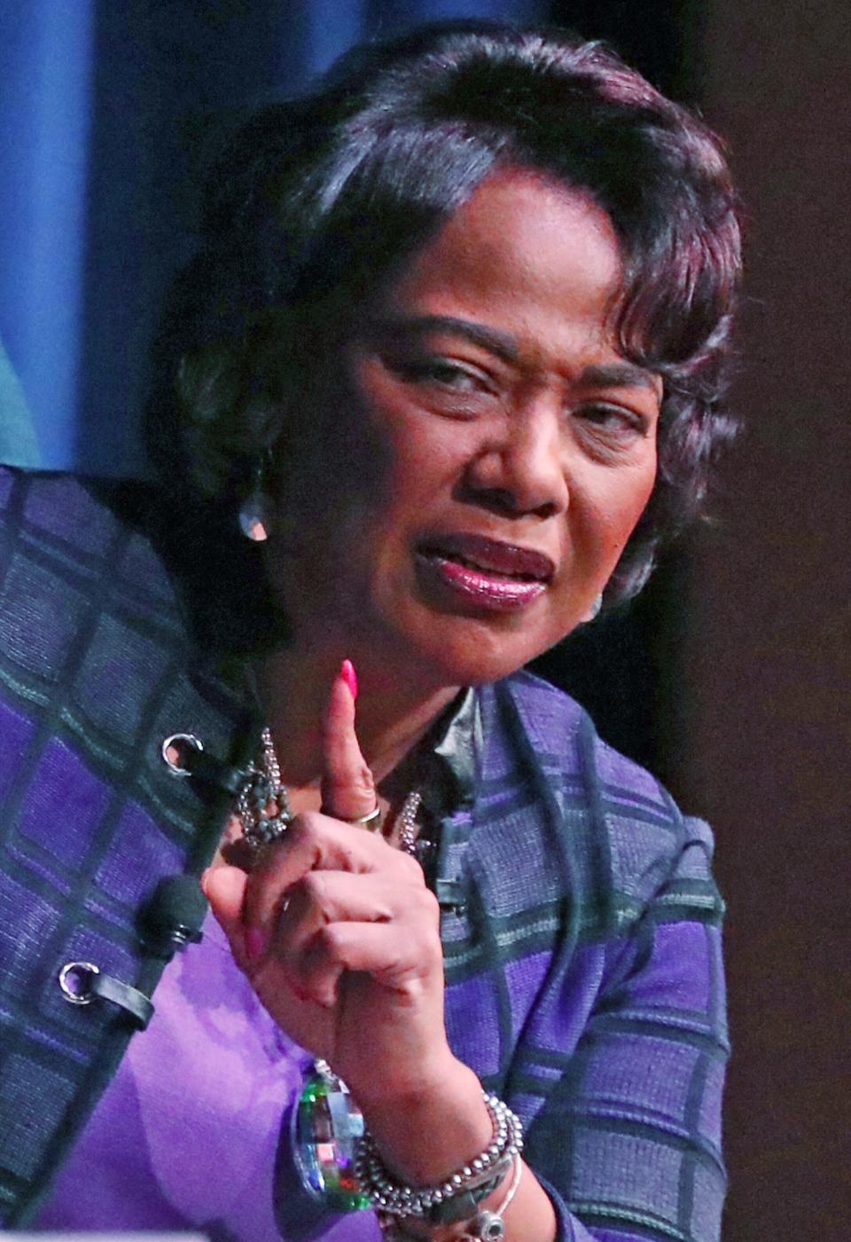 Bernice King, daughter of Martin Luther King Jr. and Coretta Scott King, answers a question from the moderator during her address in the student center ballroom as part of Kent State University's Martin Luther King Jr. Day celebration on Thursday.
(Photo: Mike Cardew, Akron Beacon Journal)