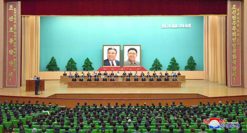 People take part in a meeting to mark May Day at the People's Palace of Culture, in this undated photo released on May 2, 2019 by North Korea's Central News Agency (KCNA). KCNA via REUTERS ATTENTION EDITORS - THIS IMAGE WAS PROVIDED BY A THIRD PARTY. REUTERS IS UNABLE TO INDEPENDENTLY VERIFY THIS IMAGE. NO THIRD PARTY SALES. SOUTH KOREA OUT.