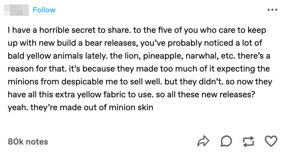 someone informing people about build a bear releases due to fabric surplus from minions run