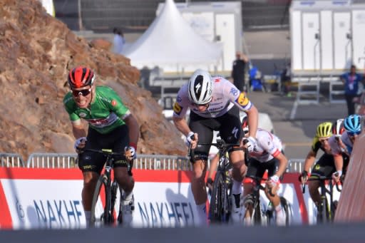 Caleb Ewan powers towards victory in the second stage of the UAE Tour from Hatta to Hatta Dam