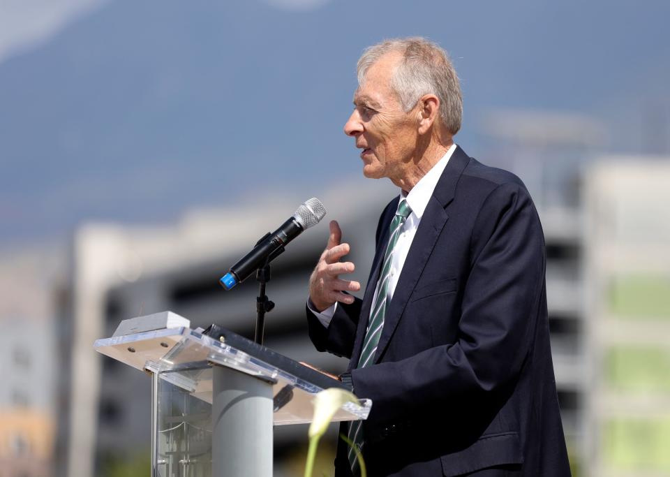 Qualtrics co-founder Scott M. Smith speaks during a groundbreaking ceremony for the Scott M. Smith College of Engineering and Technology Building at UVU in Orem on Thursday, Sept. 21, 2023. Smith and his wife Karen gave UVU $25 million to help fund the engineering building. | Kristin Murphy, Deseret News