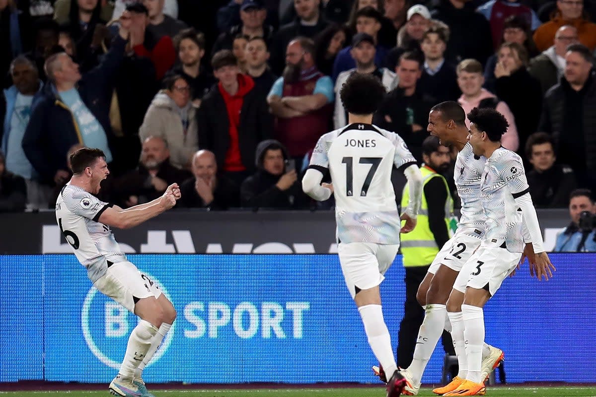 Liverpool’s Joel Matip (second right) celebrates scoring their side’s second goal of the game during the Premier League match at the London Stadium. Picture date: Wednesday April 26, 2023. (PA Wire)