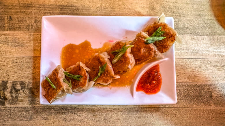 Gyoza dumplings with red on plate