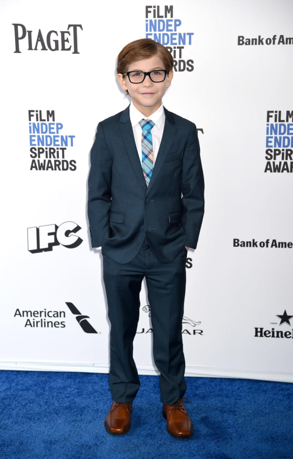 Jacob Tremblay wearing wide-frame glasses at the Film Independent Spirit Awards on Feb. 27, 2016.