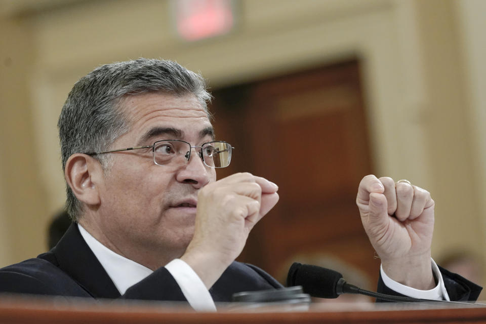 FILE - Health and Human Services Secretary Xavier Becerra testifies during the House Committee hearing on Ways and Means hearing on March 28, 2023, on Capitol Hill in Washington. Criticizing a judge's order barring abortion pills, Becerra on Sunday, April 9, blasted the decision as “not America" and pledged a vigorous legal fight by the Biden administration to maintain access for women seeking safe ways to end unwanted pregnancies. (AP Photo/Mariam Zuhaib, File)