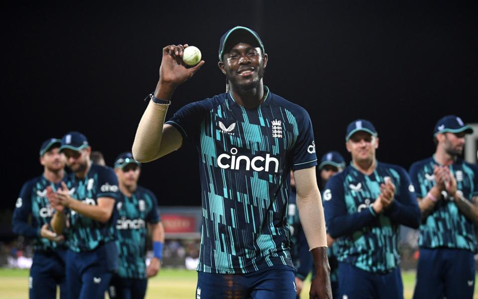 Jofra Archer walks off the pitch with his hand raised - Alex Davidson/Getty Images