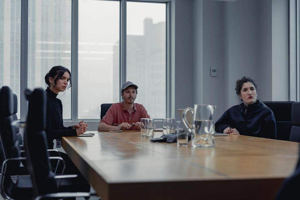 This image released by A24 shows Dylan Gelula, from left, Michael Cera, and Kate Berlant in a scene from "Dream Scenario" (A24 via AP)