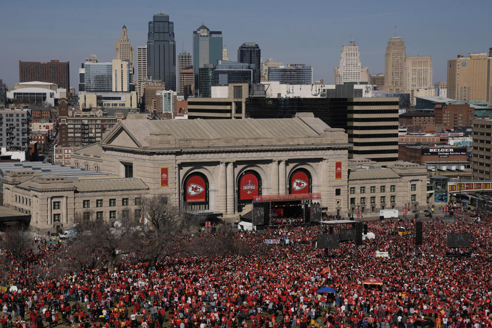 The Kansas City Chiefs celebrate during their victory rally at Union Station in Kansas City, Mo., Wednesday, Feb. 14, 2024. The Chiefs defeated the San Francisco 49ers Sunday in the NFL Super Bowl 58 football game. (AP Photo/Charlie Riedel)