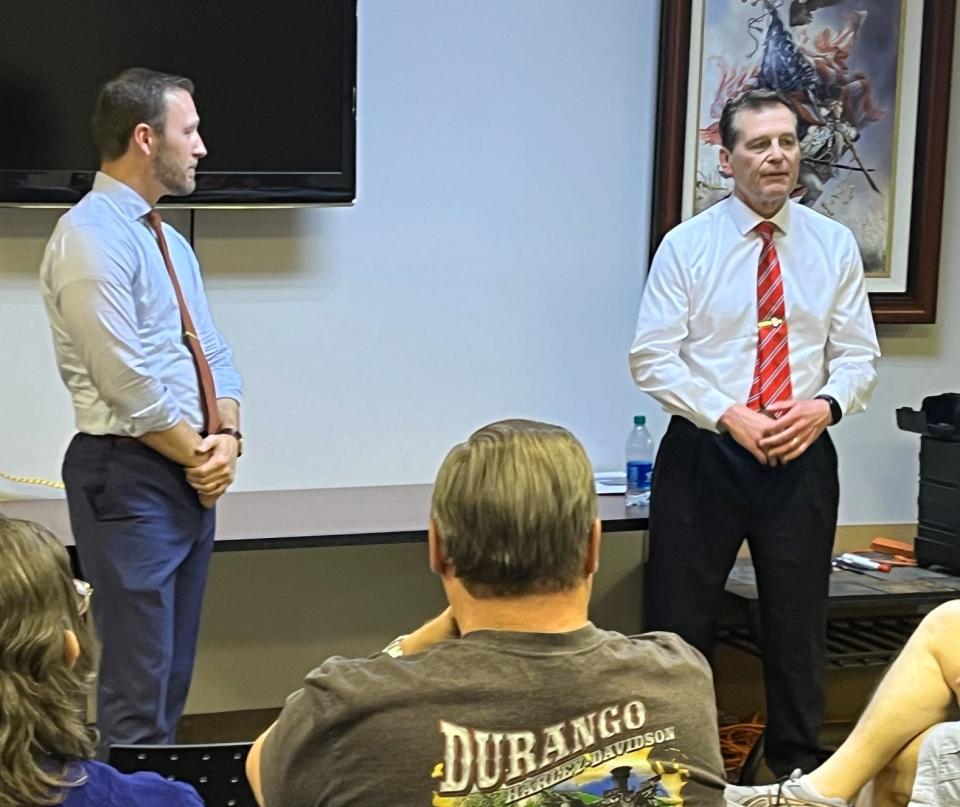 Jace Yarbrough, left, and Brent Hagenbuch, GOP candidates for Texas 30th Dist. Senate seat, traded jabs at a forum in Wichita Falls Thursday.