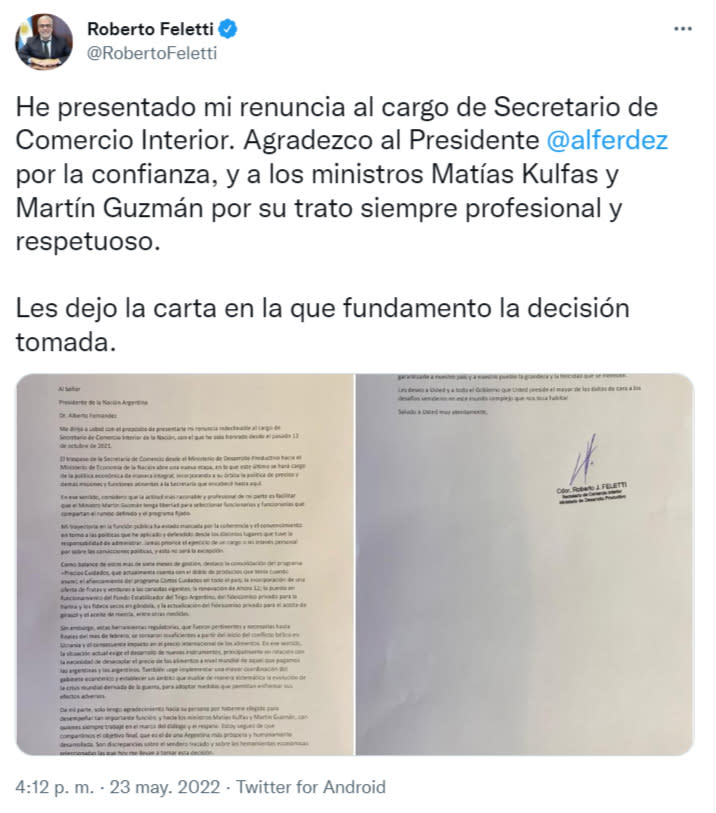 El tuit con el que Feletti hizo pública su renuncia.