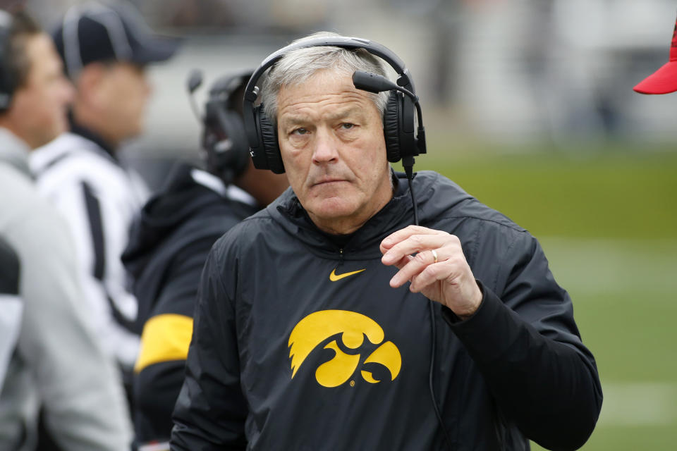 EVANSTON, ILLINOIS - OCTOBER 26: Head coach Kirk Ferentz of the Iowa Hawkeyes on the sidelines in the game against the Northwestern Wildcatsat Ryan Field on October 26, 2019 in Evanston, Illinois. (Photo by Justin Casterline/Getty Images)