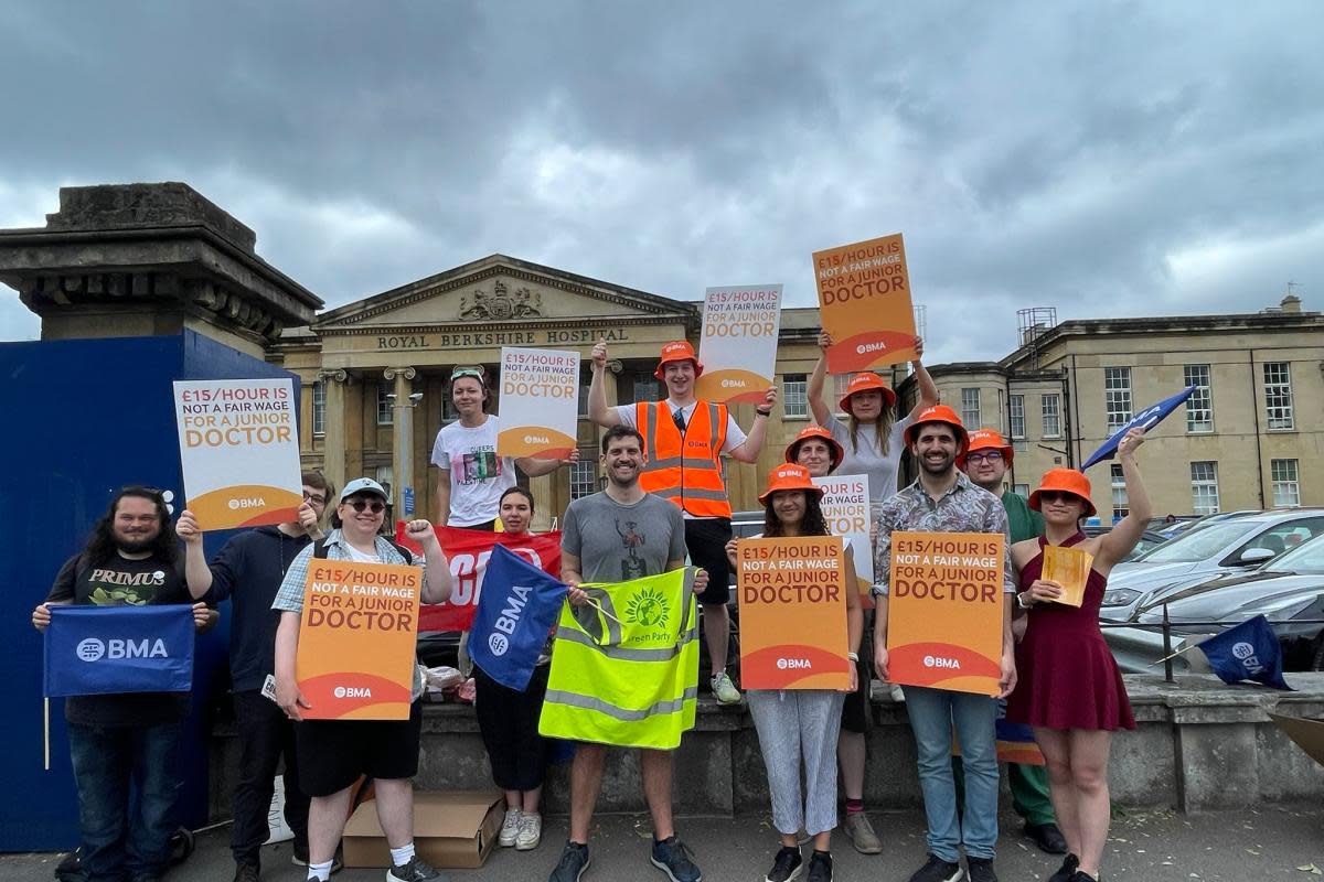 Councillor Dave McElroy, Green candidate for Reading Central with junior doctors and student protesters at the strike picket at the Royal Berkshire Hospital in Reading. <i>(Image: James Aldridge, Local Democracy Reporting Service)</i>