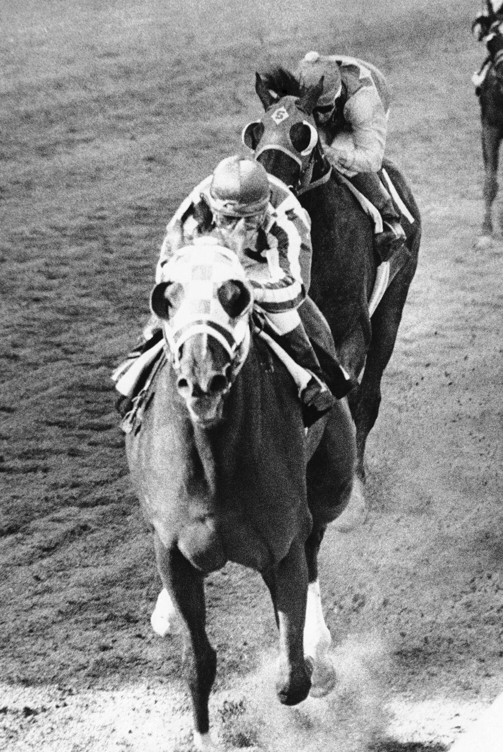 Secretariat, with Ron Turcotte up, has the lead over Sham, ridden by Laffit Pincay, as he wins the 98th Preakness Stakes