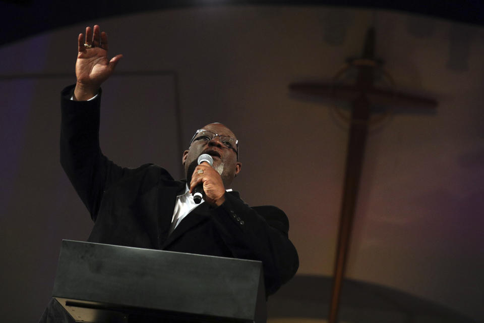 Dwight McKissic, pastor of Cornerstone Baptist Church, speaks during services in Arlington, Texas, on Sunday, June 6, 2021. One of the Southern Baptist Convention’s most prominent Black pastors, McKissic said his church will quit the SBC if either of two leading conservative candidates wins the presidency: Albert Mohler, president of the Southern Baptist Theological Seminary, or Mike Stone, a pastor from Blackshear, Georgia, whose core supporters view Mohler as insufficiently conservative. (AP Photo/Richard W. Rodriguez)