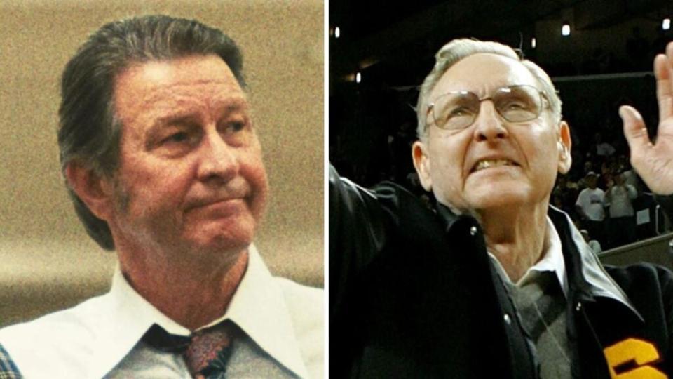 Brett Cullen as Bill Sharman, and the real Bill Sharman (Photo credit: HBO, Getty Images)