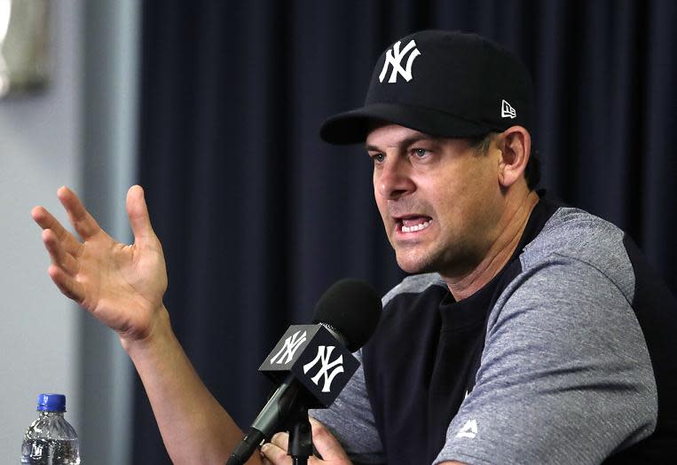 New York Yankees manager Aaron Boone made a mistake Saturday that he can’t afford to repeat during the regular season. (AP)