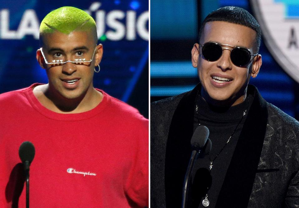 Bad Bunny, left, accepts the award for social artist of the year at the Billboard Latin Music Awards on April 25, 2019, in Las Vegas and Daddy Yankee accepts the award for favorite male artist at the Latin American Music Awards at the Dolby Theatre on Oct. 25, 2018, in Los Angeles. Bad Bunny and Daddy Yankee triumphed at the Billboard Latin Music Awards Wednesday, Oct. 21, 2020, claiming seven trophies apiece at the pandemic-delayed show.