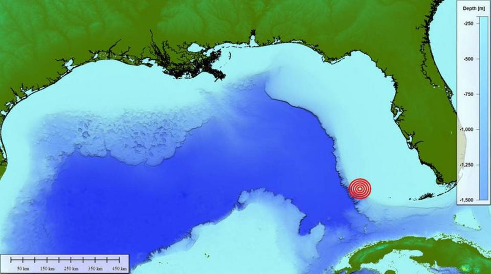 This map shows the potential location of SS Norlindo along a deep ocean cliff in the Gulf of Mexico.