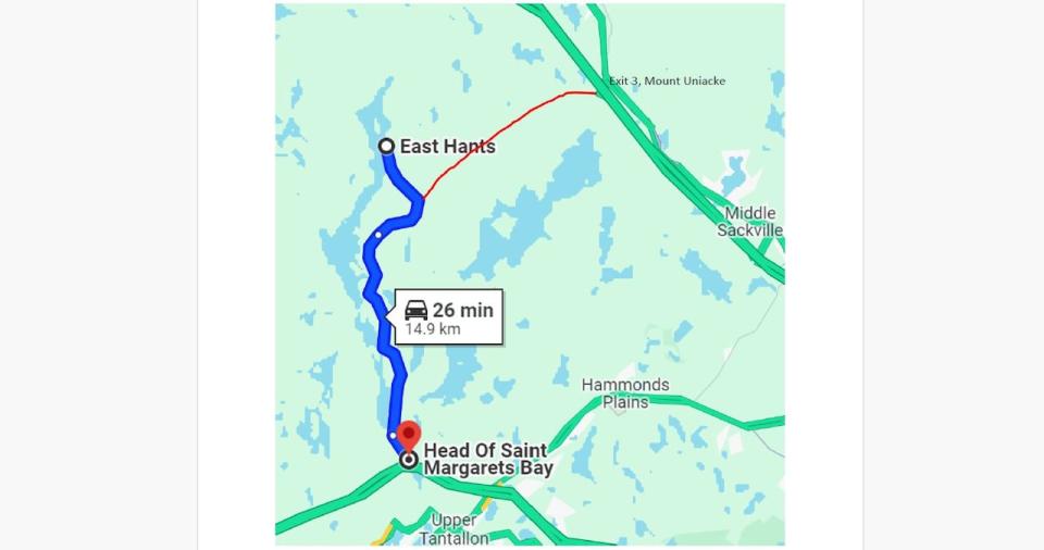 A Google Map shows the existing Pipeline Road in blue, stretching from Highway 103 into East Hants. A red line shows where a connection could be built to Highway 101 at Exit 3.