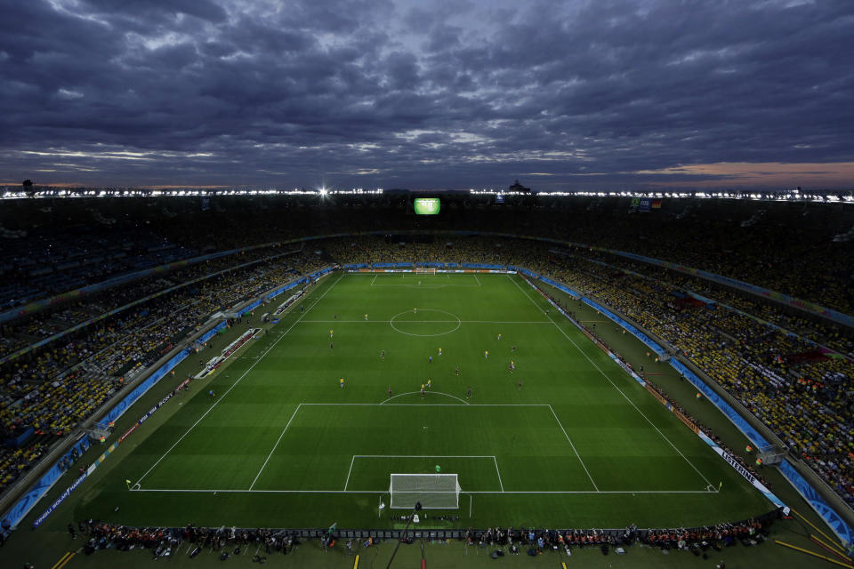 FILE - A view of the pitch during the World Cup semifinal soccer match between Brazil and Germany at the Mineirao Stadium in Belo Horizonte, Brazil, Tuesday, July 8, 2014. (AP Photo/Felipe Dana, File)