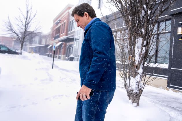 Republican presidential candidate Ron DeSantis leaves after speaking Friday at a Northside Conservatives Club Meeting in Ankeny, Iowa. The Arctic temperatures are raising concerns about turnout for the Iowa caucuses on Monday.